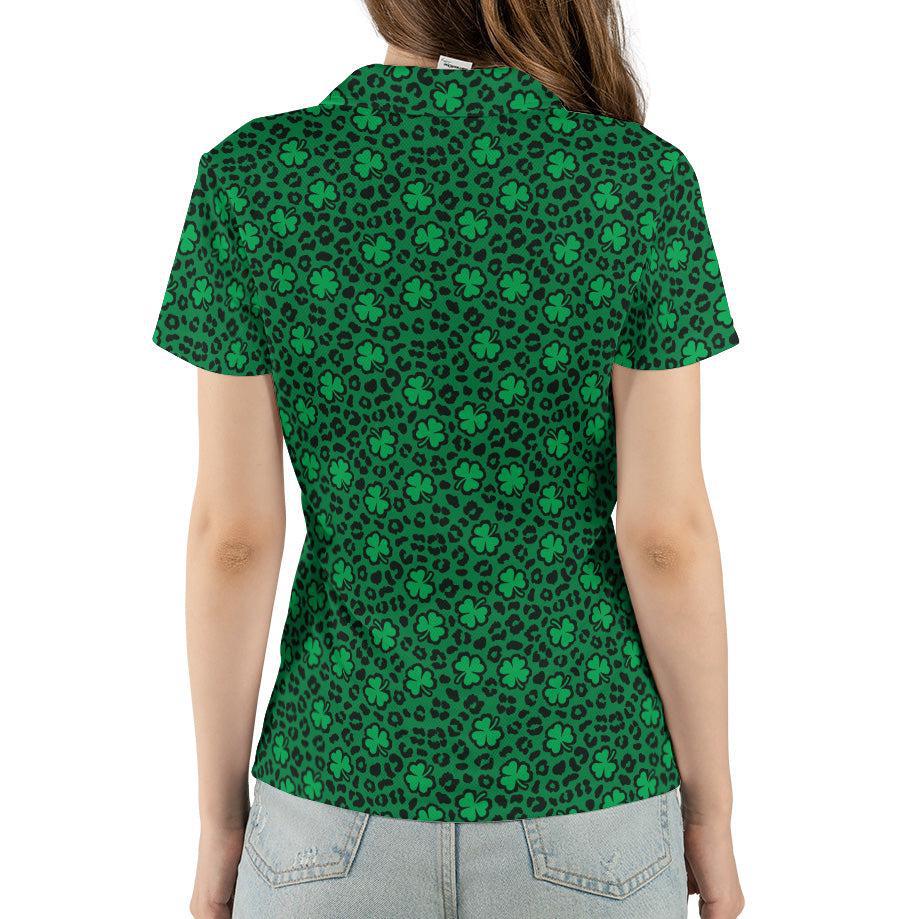 St Patrick's Day Polo Shirts for Women Leopard Print Shamrock Green Shirt Moisture Wicking Short Sleeve Golf Shirt