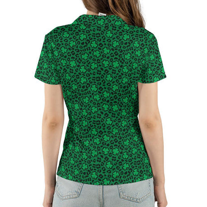 St Patrick's Day Polo Shirts for Women Leopard Print Shamrock Green Shirt Moisture Wicking Short Sleeve Golf Shirt