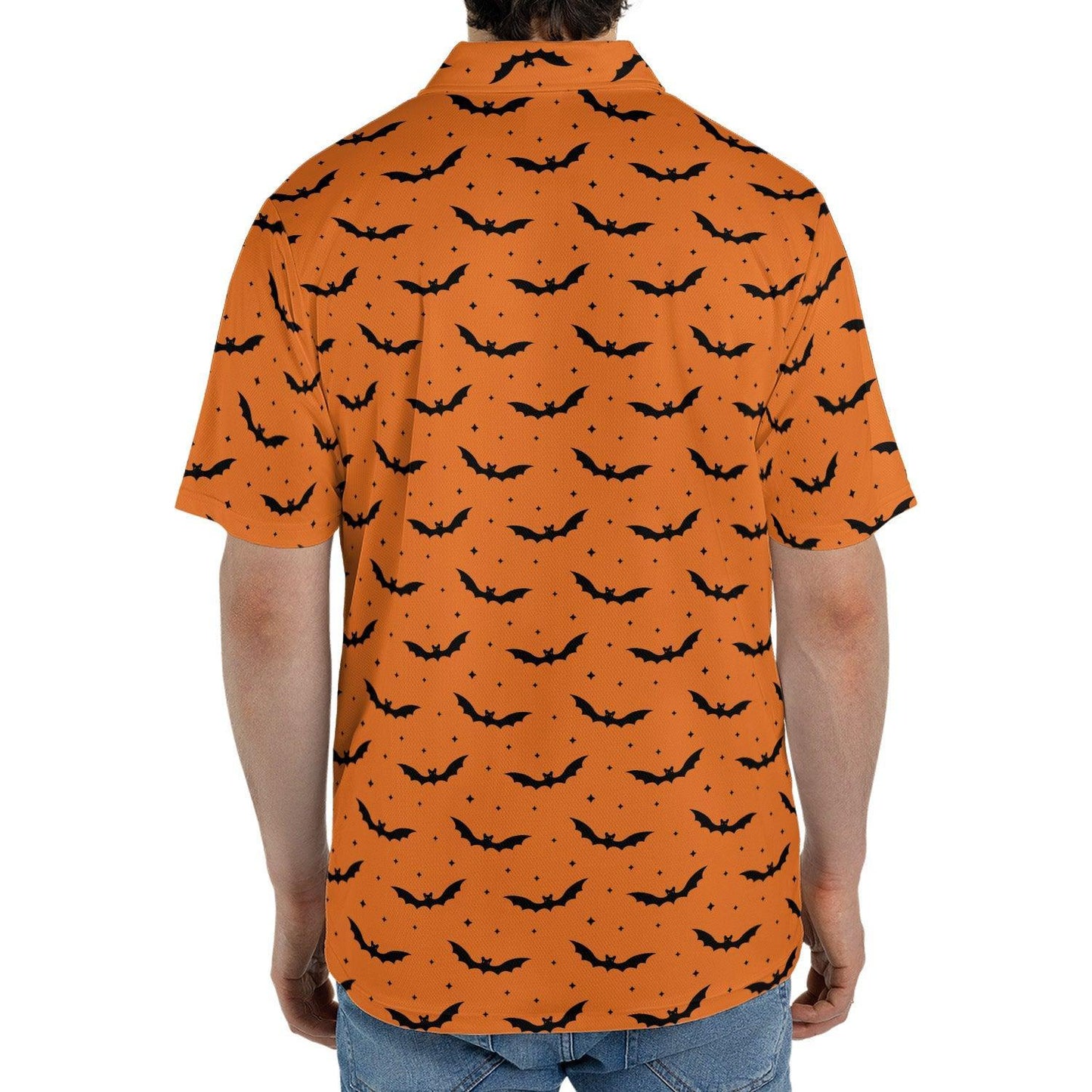 Halloween Bat Polo Shirt for Men Orange Black Spooky Print Moisture Wicking Short Sleeve Golf Top
