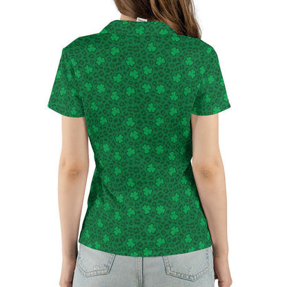 St Patrick's Day Polo Shirts for Women Leopard Print Clover Green Shirt Moisture Wicking Short Sleeve Golf Shirt