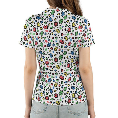 Autism Awareness Shirt for Women Polo Golf Puzzle Print Teacher Outfit Moisture Wicking Short Sleeve Top