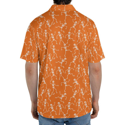 Halloween Skeleton Polo Shirt for Men Orange White Moisture Wicking Short Sleeve Golf Top