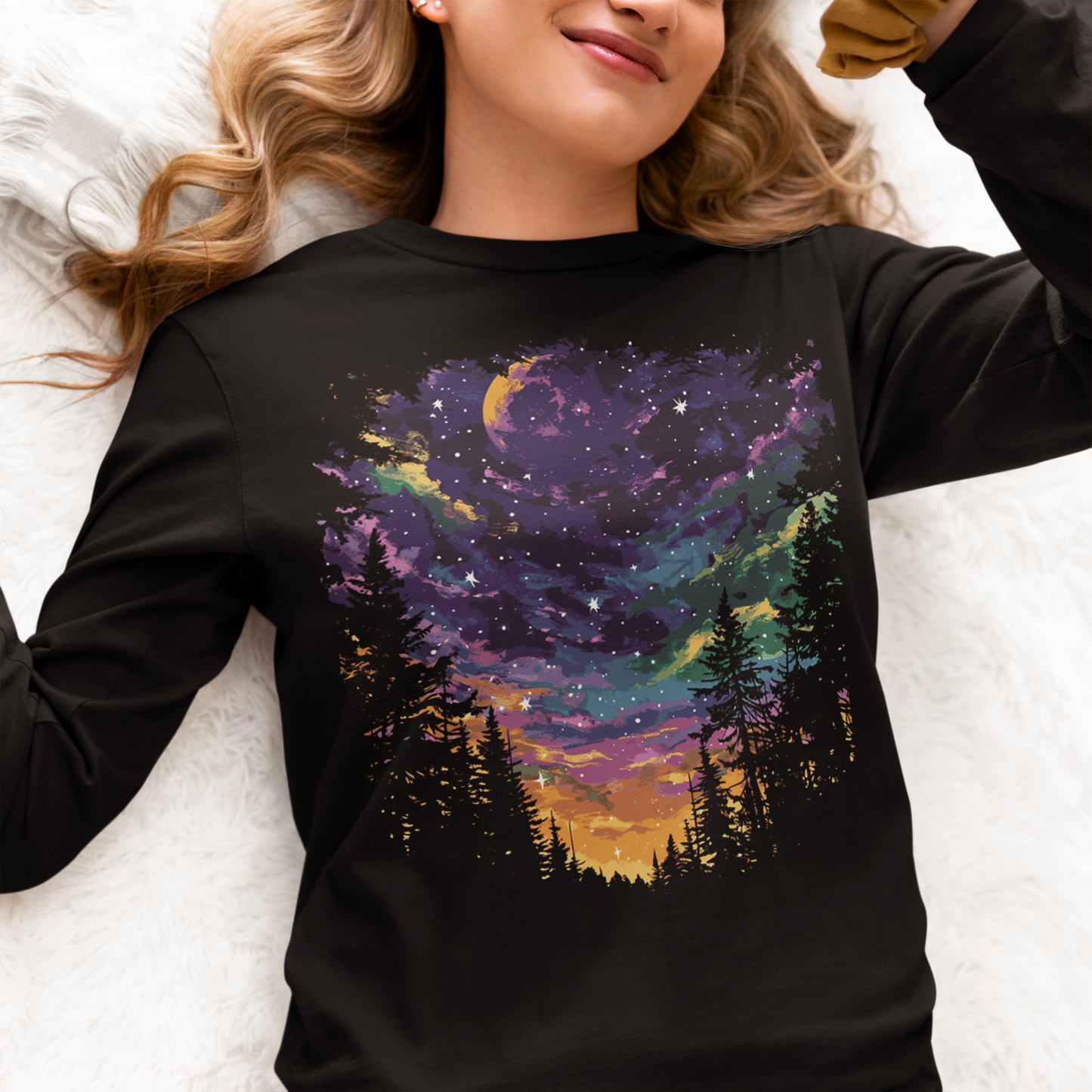 Women's Purple Moon Night Sky Long Sleeve Graphic Tees