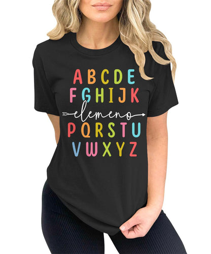 Teacher Shirts ABC Alphabet Elemeno Graphic Tees for Women Letter Print Tops Student T-Shirt
