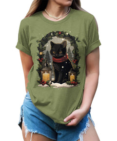 Black Cat Christmas Candle Decor Funny Cat Lover Xmas Holiday T-shirt