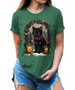 Black Cat Christmas Candle Decor Funny Cat Lover Xmas Holiday T-shirt