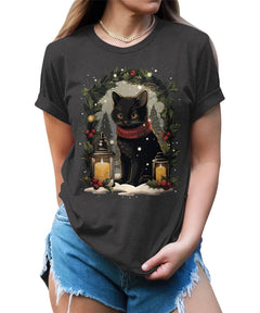 Black Cat Christmas Candle Decor Funny Cat Lover Xmas Holiday T-shirt