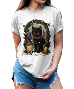 Black Cat Christmas Candle Decor Funny Cat Lover Xmas Holiday T-shirt