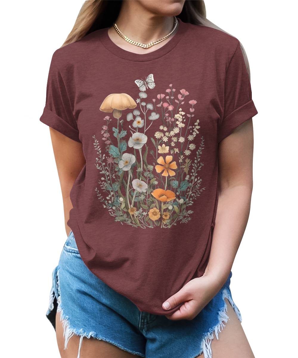 Wildflower Floral Flowercore Mushroom Butterfly T-shirt For Women