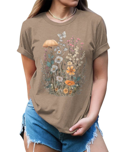 Wildflower Floral Flowercore Mushroom Butterfly T-shirt For Women