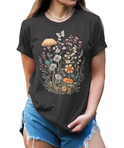 Wildflower Floral Flowercore Mushroom Butterfly T-shirt For Women