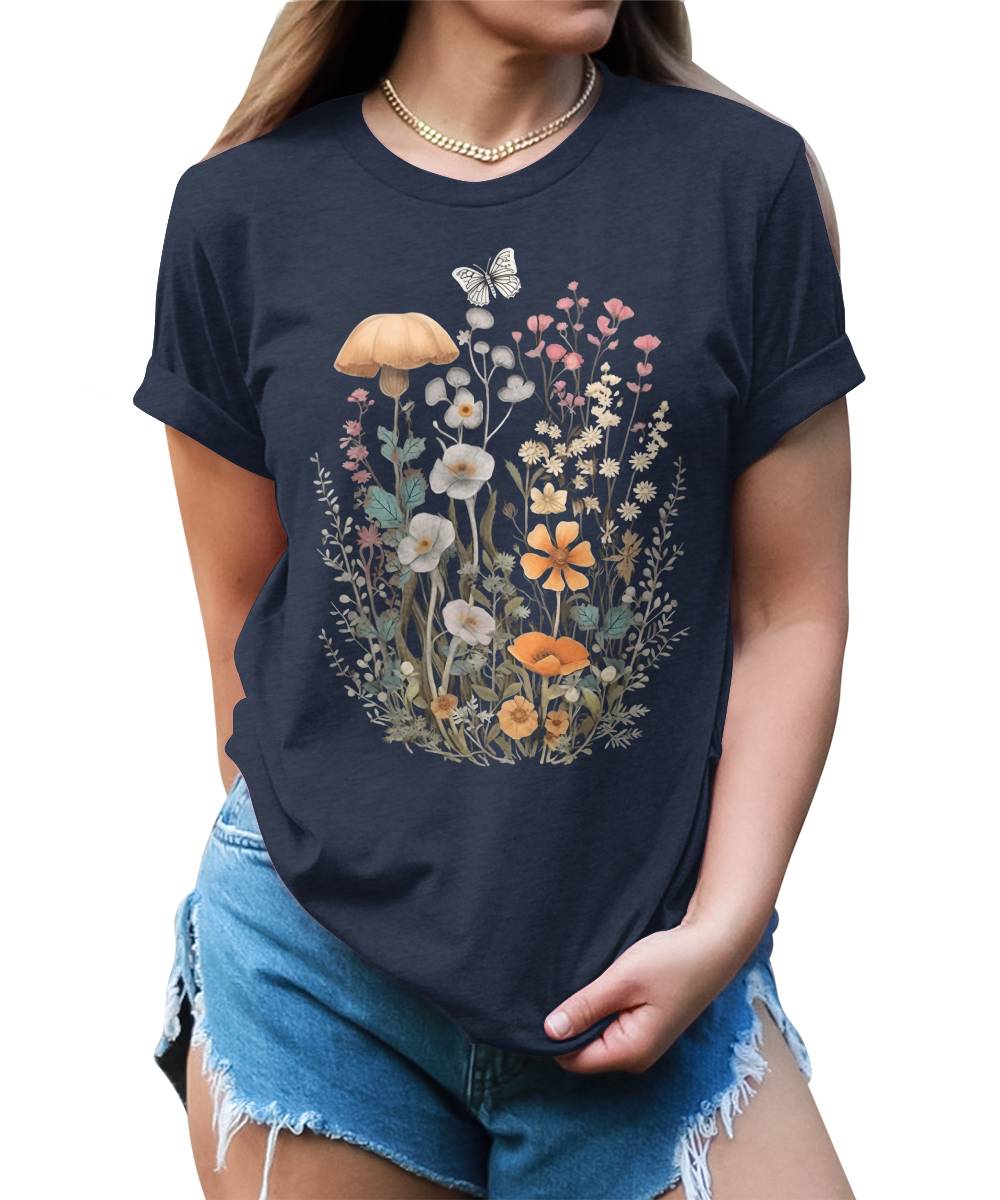 Wildflower Floral Flowercore Mushroom Butterfly T-shirt For Women