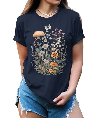 Wildflower Floral Flowercore Mushroom Butterfly T-shirt For Women