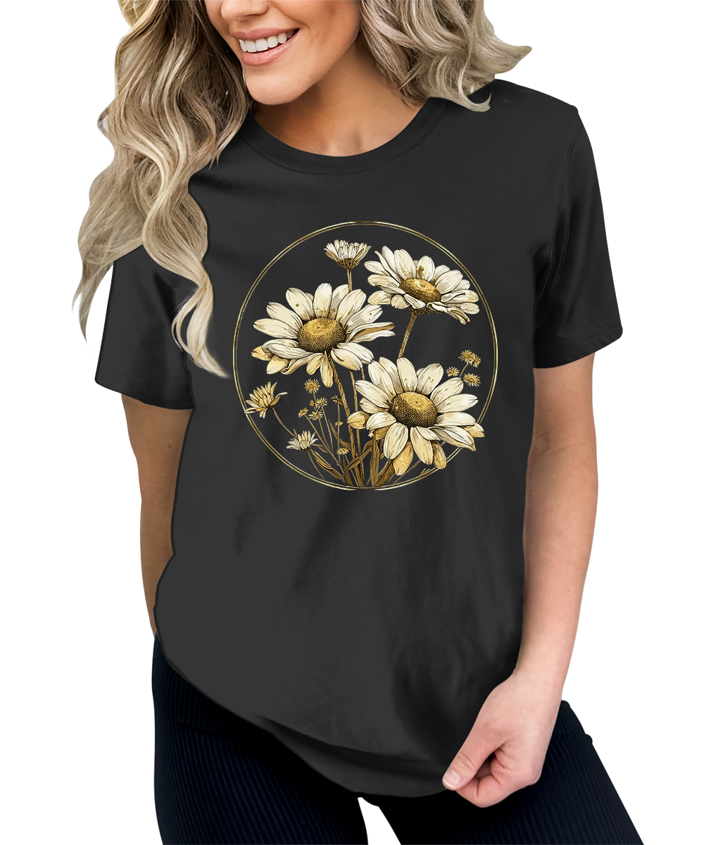 Women's Vintage Floral Daisy T Shirt Boho Wildflower Graphic Loose Tees Short Sleeve Casual Tops