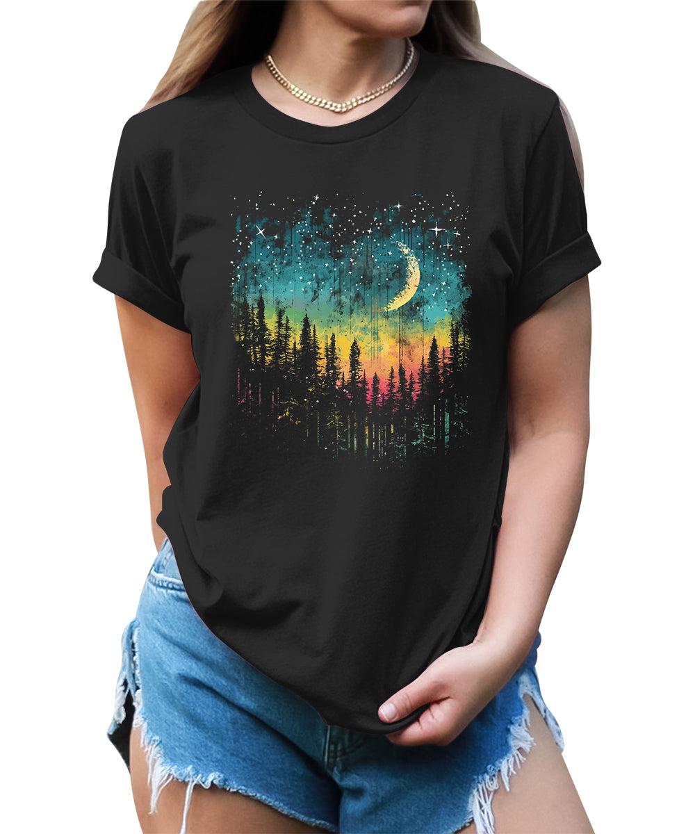 Women's Crescent Northern Lights Camping Forest Graphic Tees