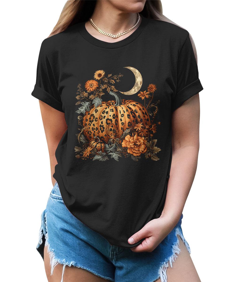 Women's Fall Leopard Print Pumpkin T Shirt Halloween Graphic Tees Plus Size Tops