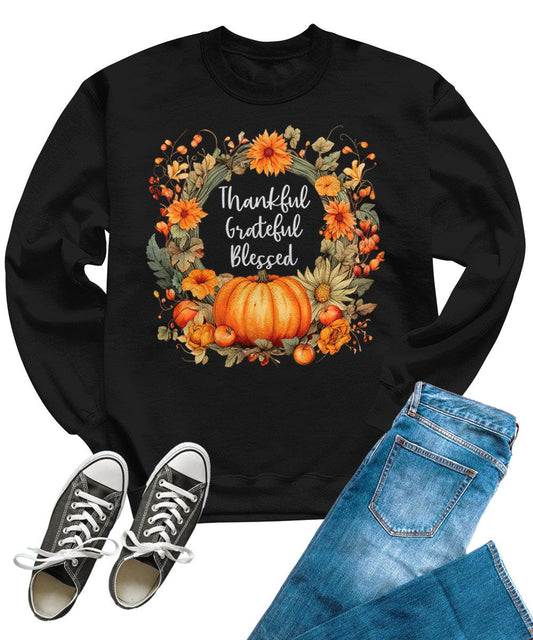 Thankful Grateful Blessed Thanksgiving Floral Fall Crewneck Sweatshirt