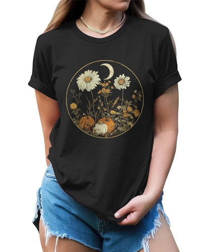 Fall Floral Pumpkin Shirt Halloween Graphic Tees Short Sleeve Plus Size Tops For Women