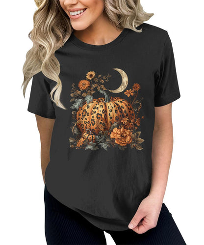 Women's Fall Leopard Print Pumpkin T Shirt Halloween Graphic Tees Plus Size Tops