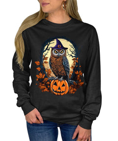 Womens Witchy Owl Halloween Long Sleeve T-Shirt
