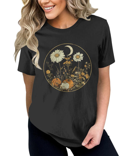 Fall Floral Pumpkin Shirt Halloween Graphic Tees Short Sleeve Plus Size Tops For Women