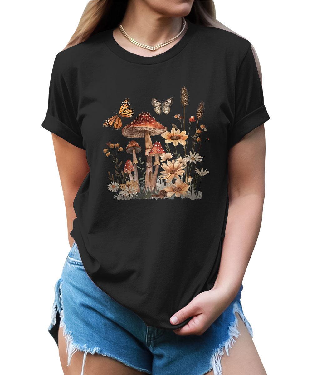 Wildflower Mushroom Butterfly Graphic Tees For Women