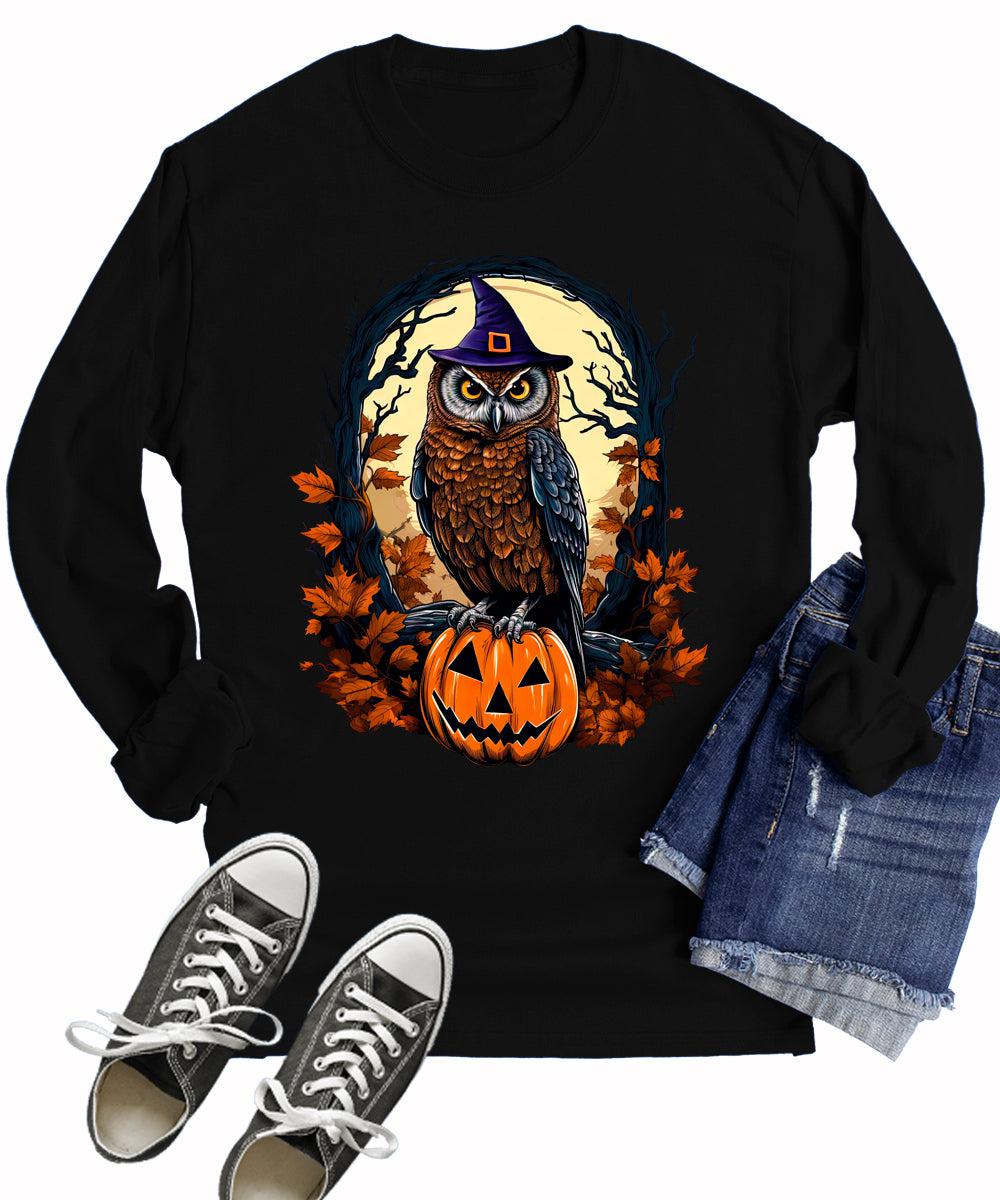Womens Witchy Owl Halloween Long Sleeve T-Shirt