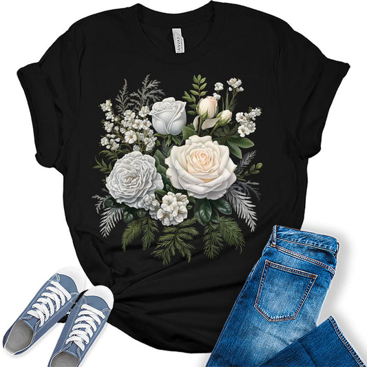 White Roses and Carnations Floral Christmas Shirts for Women