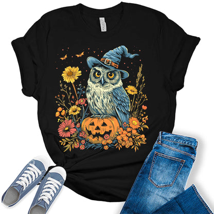 Witch Owl Pumpkin Flowers Graphic Tees For Women