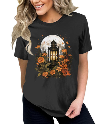 Fall Lantern Shirt Halloween Graphic Tees Short Sleeve Plus Size Tops For Women