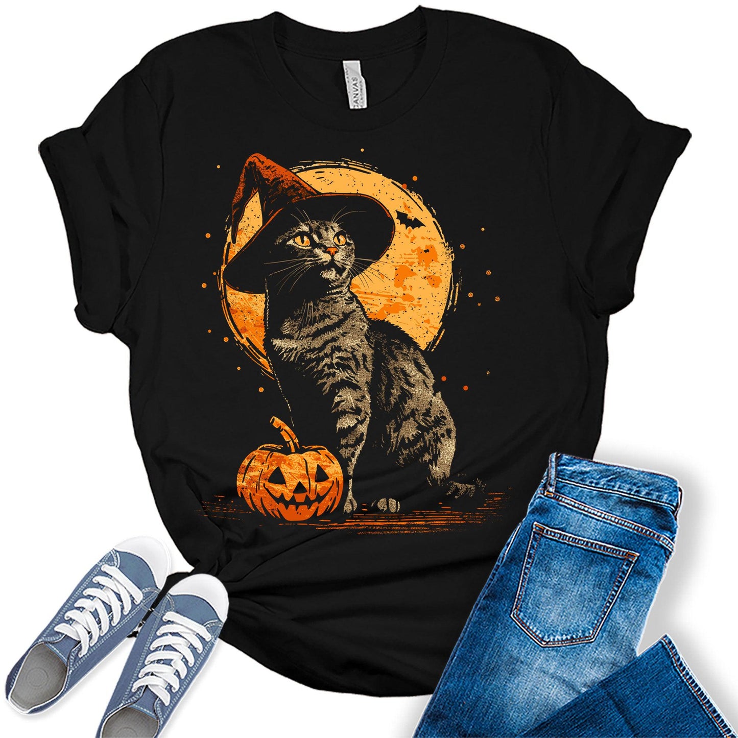 Witch Cat Pumpkin Graphic Tees For Women