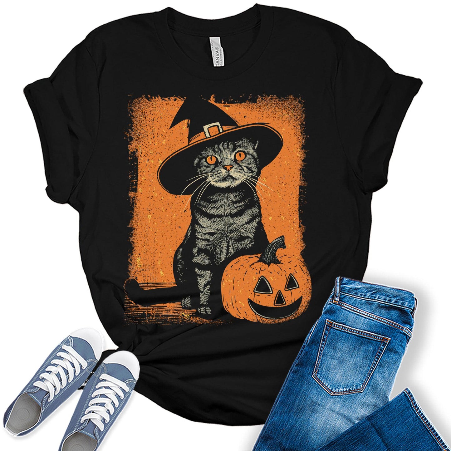 Witch Cat Pumpkin Graphic Tees For Women