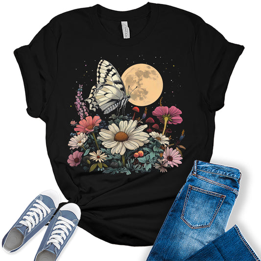 Butterfly Shirt Vintage Graphic Tees for Women Cottagecore Aesthetic Floral Moon T Shirt