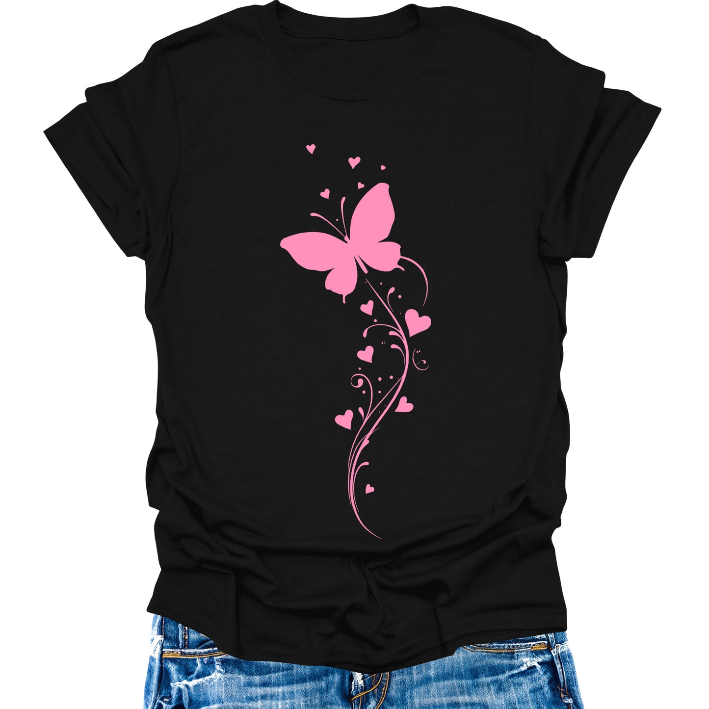 Pink Butterfly Heart Shirt for Women Cute Graphic Tee Short Sleeve Casual Top