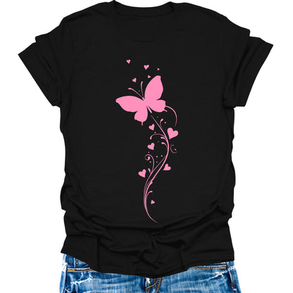 Pink Butterfly Heart Shirt for Women Cute Graphic Tee Short Sleeve Casual Top