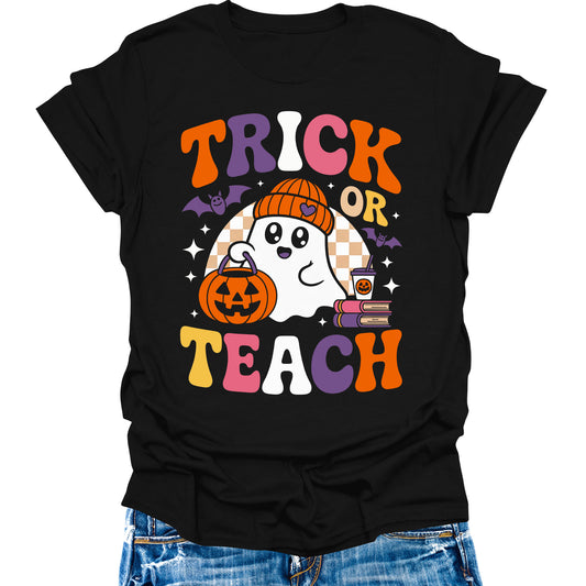 Trick or Teach Shirt Funny Halloween Teacher T-Shirts for Women Retro Vintage Graphic Tees
