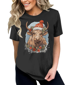 Highland Cow With Christmas Hat Funny Womens Yuletide Season T-shirt