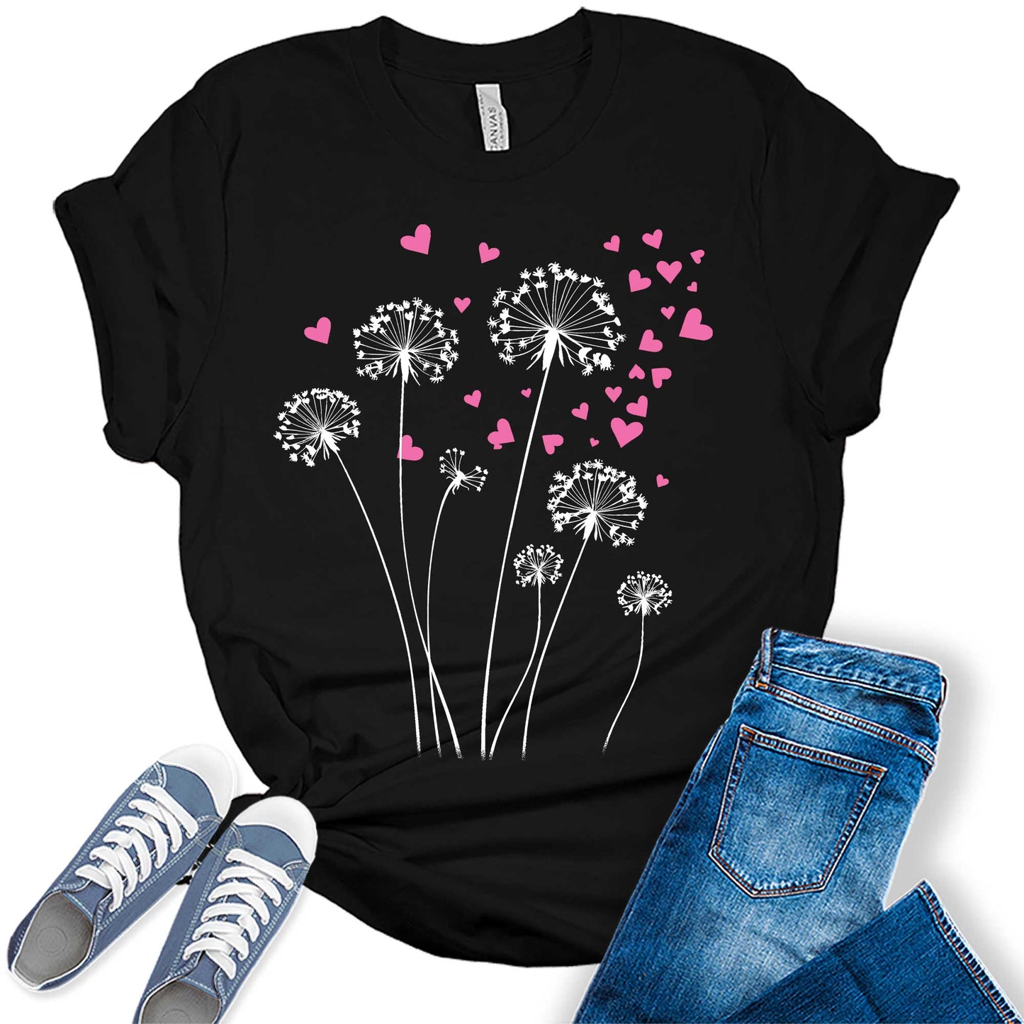 Womens Dandelion Heart T-Shirt Floral Summer Short Sleeve Graphic Tees