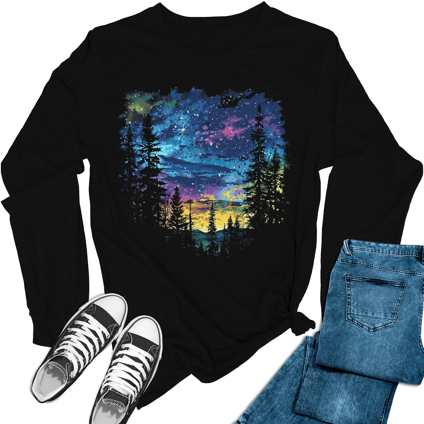 Women's Tie Dye Night Sky Long Sleeve Graphic Tees