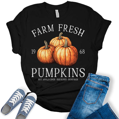 Womens Fall Tops Farm Fresh Pumpkins Shirt Vintage Thanksgiving Graphic Tees