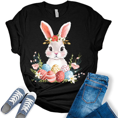 Cute Easter Bunny Floral Egg Shirts for Women Short Sleeve Plus Size Tops