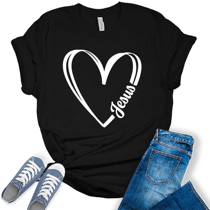 I Love Jesus Shirt Christian T Shirt for Women Heart Graphic Tees Bella Plus Sized Tops