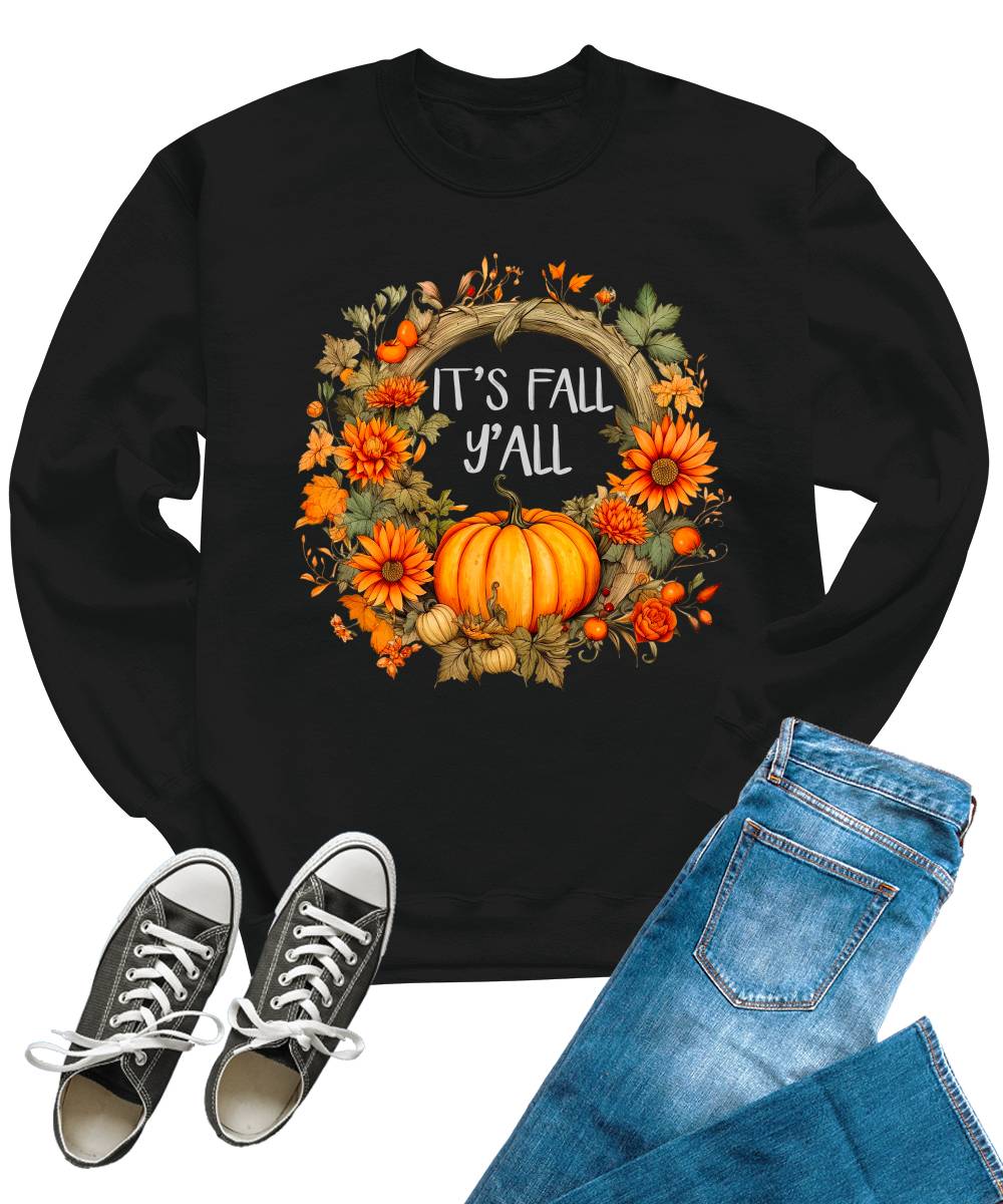 It's Fall Y'all Floral Pumpkin Autumn Wreath Crewneck Sweatshirt