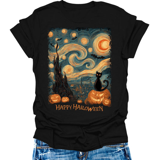 Funny Cat T- Shirt Happy Halloween Starry Night Pumpkin Shirts Womens Graphic Tees