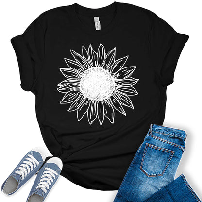 Women's Vintage Short Sleeve Cute Sunflower Graphic Printed Tee Summer T Shirt Cotton Tops Novelty Shirts