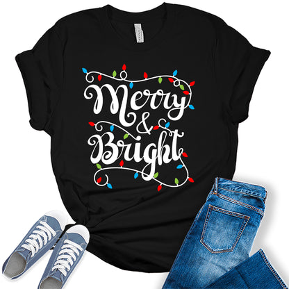 Christmas Shirts Womens Merry and Bright Shirt Holiday Xmas Tshirt Christmas Lights Tees
