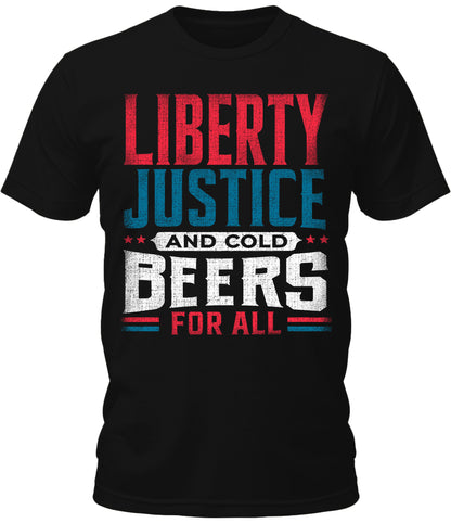 Men's 4th of July Shirt Liberty Justice and Cold Beers for All Patriotic Graphic Tees