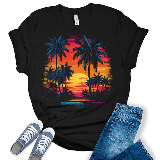 Womens Beach Shirt Casual Palm Tree Tshirt Tropical Bella Graphic Tees Short Sleeve Summer Tops