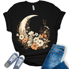 Floral Half Moon Boho Graphic Tees for Women Moon Shirts