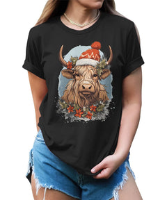 Highland Cow With Christmas Hat Funny Womens Yuletide Season T-shirt